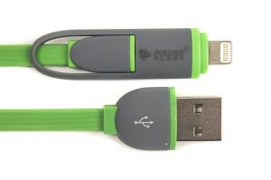 Кабель PowerPlant Quick Charge 2A 2-в-1 flat USB 2.0 AM – Lightning/Micro 2m green CA910502