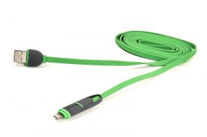 Кабель PowerPlant Quick Charge 2A 2-в-1 flat USB 2.0 AM – Lightning/Micro 2m green CA910502