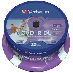 Диск DVD+R Verbatim 8.5Gb 8X CakeBox 25шт Printable (43667)
