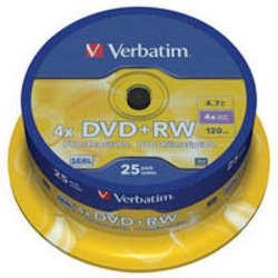 Диск DVD+RW Verbatim 4.7Gb 4x CakeBox 25 шт silver (43489) ― 