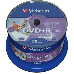 Диск DVD+R Verbatim 4.7Gb 16X CakeBox 50шт Wide Printable (43512)