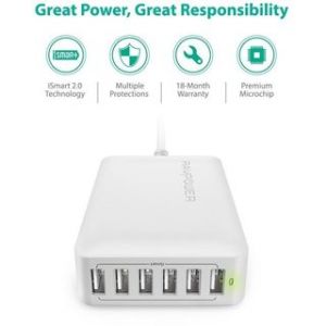 RAVPower 60W 12A 6-Port USB Desktop Charging Station with iSmart Technology White (RP-PC028WH)