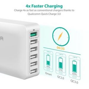 RAVPower Qualcomm Quick Charge 3.0 60W 12A 6-Port USB Charging Station with iSmart Technology, White