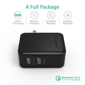 RAVPower USB Qualcomm Quick Charge 3.0 (4X Faster) 30W Dual USB Plug Wall Charger, Black