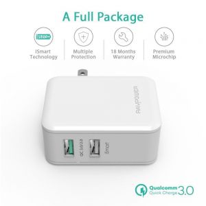 RAVPower USB Qualcomm Quick Charge 3.0 (4X Faster) 30W Dual USB Plug Wall Charger, White RP-PC006WH