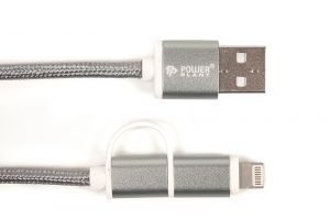 Кабель PowerPlant Quick Charge 2A 2-в-1 cotton USB 2.0 AM – Lightning/Micro 2m grey CA910496