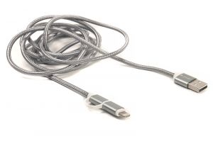 Кабель PowerPlant Quick Charge 2A 2-в-1 cotton USB 2.0 AM – Lightning/Micro 2m grey CA910496