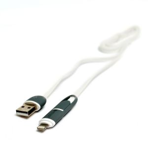 Кабель PowerPlant Quick Charge 2A 2-в-1 flat USB 2.0 AM – Lightning/Micro 1m white KD00AS1292