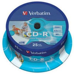 Диск CD-R Verbatim 700Mb 52x Cake box 25 Printable (43439)