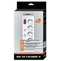 Сетевой фильтр питания REAL-EL RS-5F CHARGE 4, 3m, white (EL122300015)