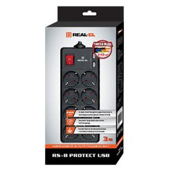 Сетевой фильтр питания REAL-EL REAL-EL RS-8 PROTECT USB, 3m, black (EL122300020)