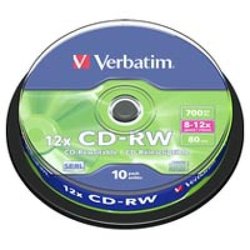 Диск CD-RW Verbatim 700Mb 12x Cake box 10шт (43480)